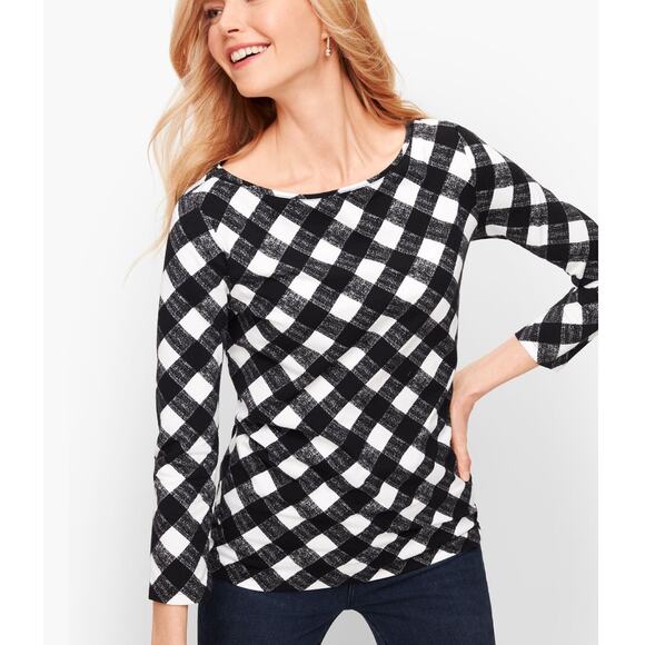 The Talbots Tee Womens Size 2X Black White Buffalo Plaid Preppy Tartan Top - Picture 1 of 8